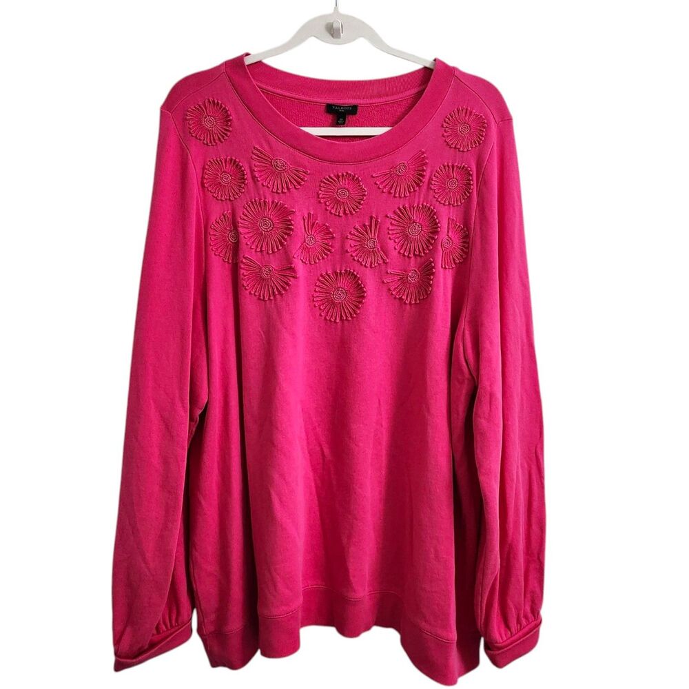 Talbots Plus Sweater 2X Vivid Pink Embroidered Pullover Cotton Longsleeve Casual